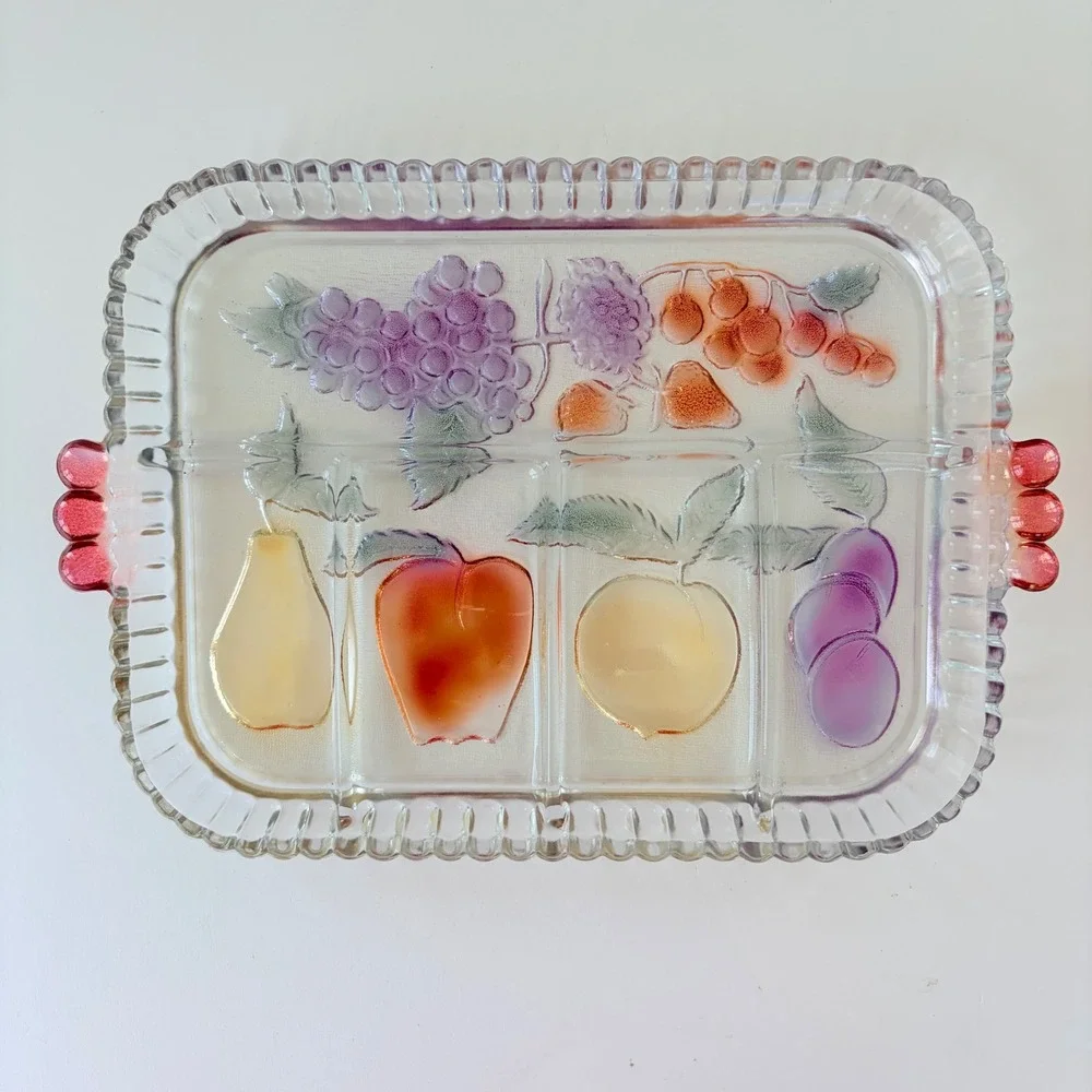 Vintage Iridescent Glass Fruit Divided Serving Tray Scalloped Edge Pink Handles